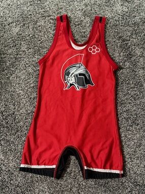 Red Kids Rudis Wrestling Singlet with Spartan Helmet Graphic